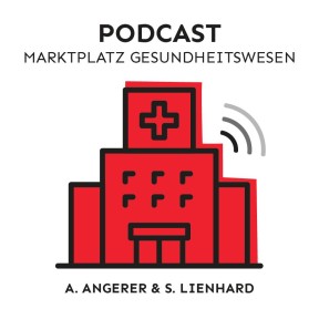 Logo Podcast Marktplatz Gesundheitswesen mit einem großen roten gemalten Krankenhaus in der Mitte Logo Podcast Marktplatz Gesundheitswesen mit einem großen roten gemalten Krankenhaus in der Mitte