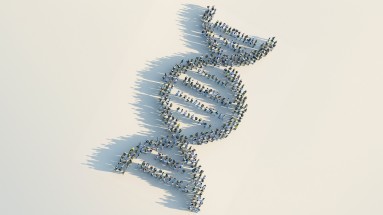 A larger group of people seen from above stands together in the form of a double helix structure and symbolises a piece of DNA.