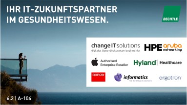 Links steht eine Frau auf einem Aussichtsplateau, oben „Ihr Digitalisierungspartner im Gesundheitswesen.“ , rechts Partnerlogos.