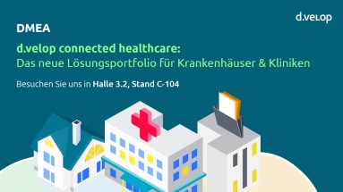 Ein Krankenhaus und zwei Häuser sind als Grafiken abgebildet. Darüber steht, auf wen d.velop connected healthcare zielt.