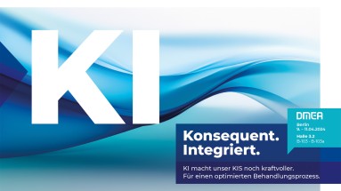 Grafik KI mit dem Slogan „Konsequent. Integriert. KI macht unser KIS noch kraftvoller. Für einen optimierten Behandlungsprozess.