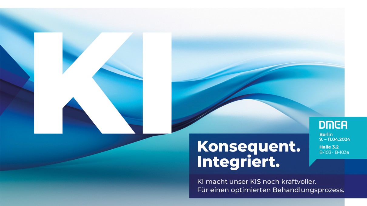 Grafik KI mit dem Slogan „Konsequent. Integriert. KI macht unser KIS noch kraftvoller. Für einen optimierten Behandlungsprozess.“ 