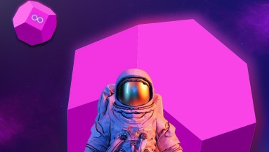An astronaut stands in front of a magenta-coloured multi-surface body.