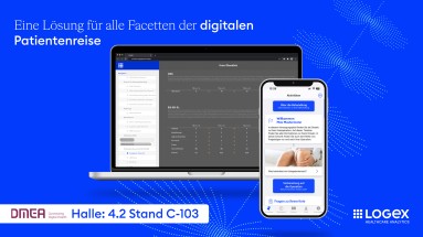  Bild zeigt ein Notebook und ein Smartphone. Darüber steht: Eine Lösung für alle Facetten der digitalen Patientenreise.
