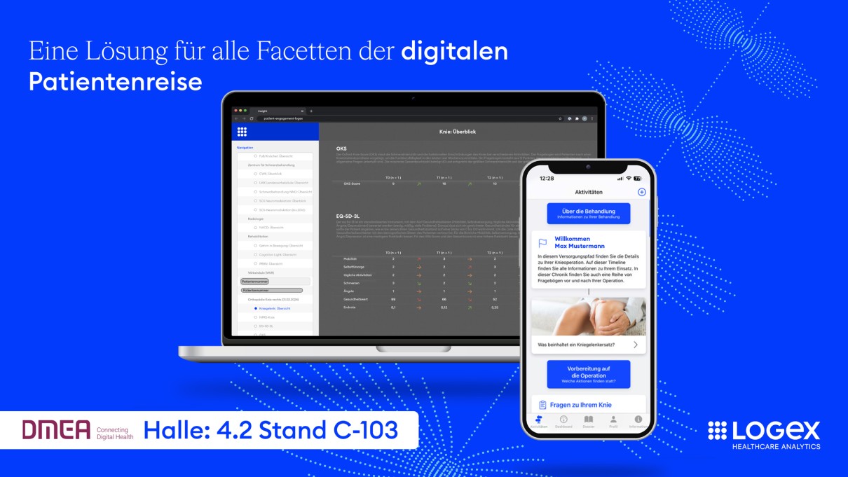 The picture shows a notebook and a smartphone. Above it is written: A solution for all facets of the digital patient journey.