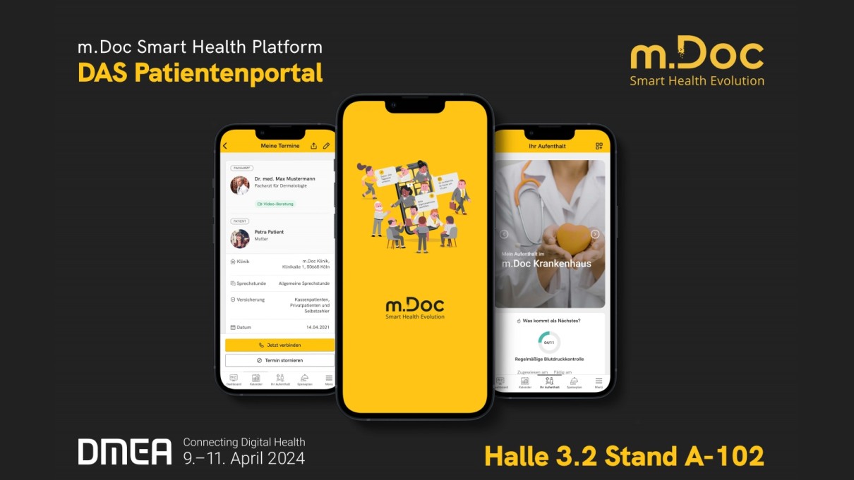 Graphic m.Doc; smartphone displays on which the patient portal can be seen 