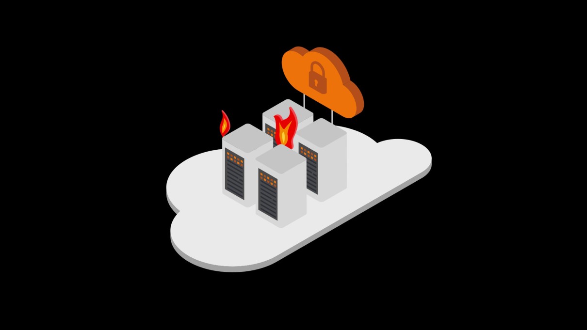 Die Grafik stellt vier Server dar, aus denen Feuerflammen austreten und über denen eine Wolke mit einem verriegelten Schloss zu sehen sind.