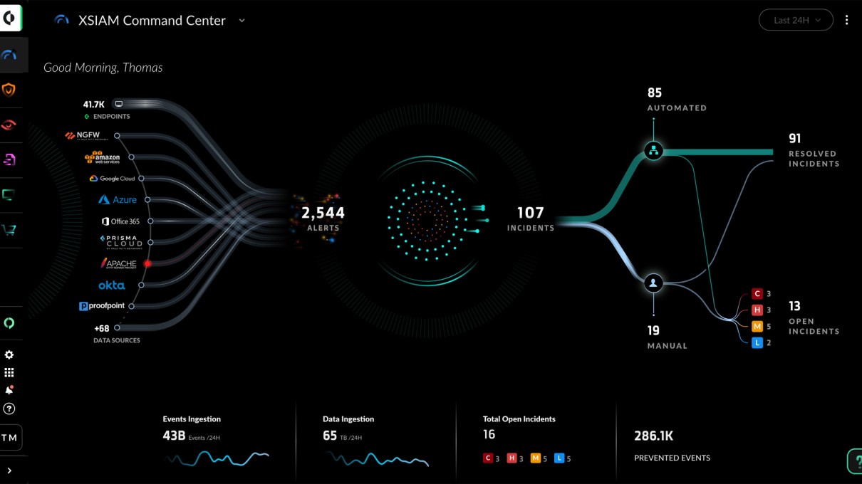 The image shows the Palo Alto Networks Cortex XSIAM Command Center. The image shows the Palo Alto Networks Cortex XSIAM Command Center.