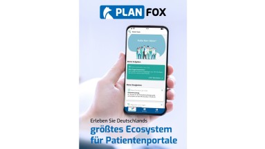 Auf einem Smartphone ist die Eröffnungsseite das Patientenportals Ecosystem von PLANFOX zu sehen.
