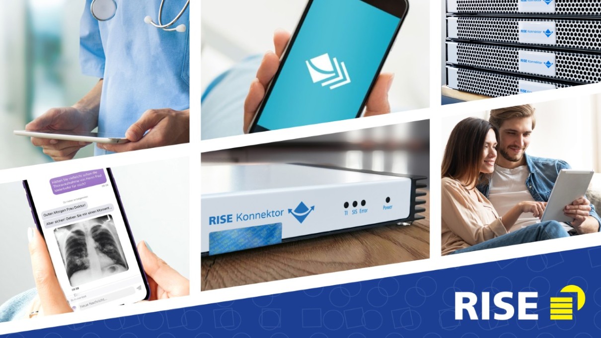 Image shows the variety of RISE TI components. You can see the RISE ePA app, the RISE TI-Messenger and several RISE Konnektoren