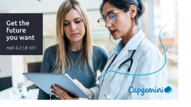 A doctor (right) explains a finding to a patient (left) on a tablet. On the left it says: Get the future you want.