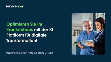On the right: Optimize your hospital with the AI platform for digital transformation! On the left, two people with tablet