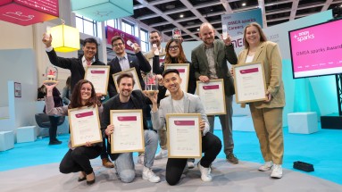 Group photo of the nine winners of the DMEA sparks Award 2025 showing their certificates.