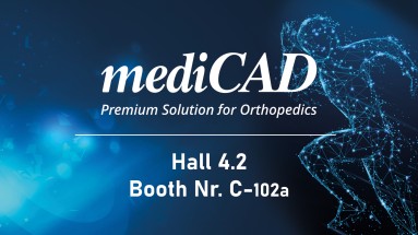 The graphic shows mediCAD Premium Solution for Orthopedics as well as the hall and booth number.